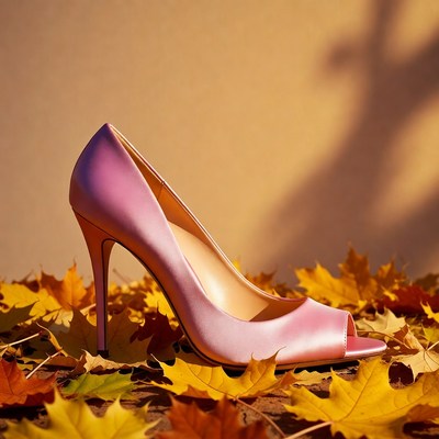 Pink high heel on autumn leaves
