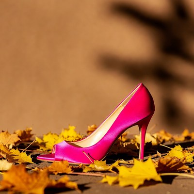 Pink High Heel on Autumn Leaves