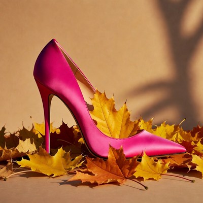 Pink High Heel on Autumn Leaves