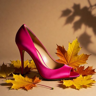 Pink High Heel on Autumn Leaves