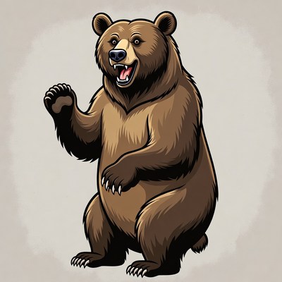 Cartoon Grizzly Bear Roaring and Waving