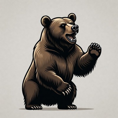 Roaring brown bear waving paw