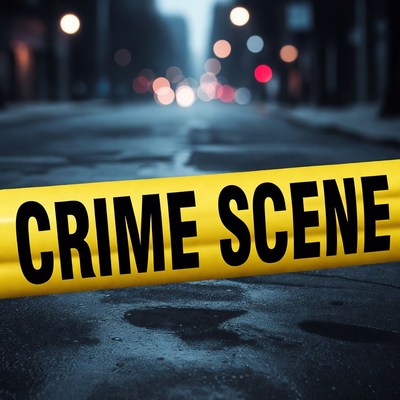 Crime Scene Tape on Wet Night Street