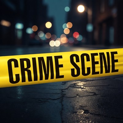 Crime Scene Tape on Wet Street