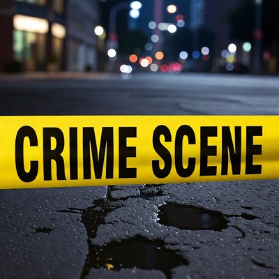 Crime Scene Tape on Wet Street