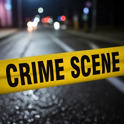 Crime Scene Tape on Wet Night Street