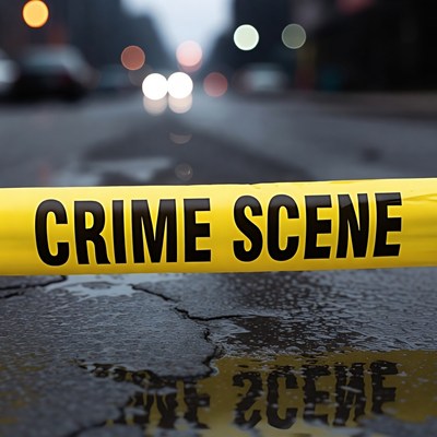 Crime Scene Tape on Wet Urban Street