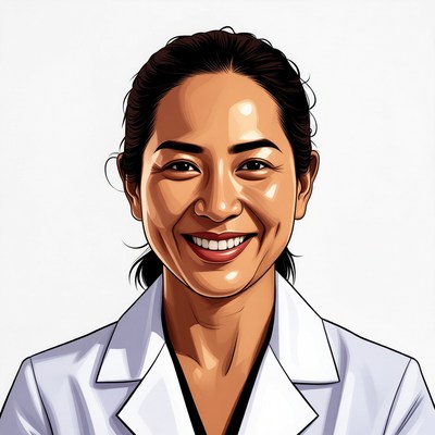 Smiling Asian woman in white lab coat