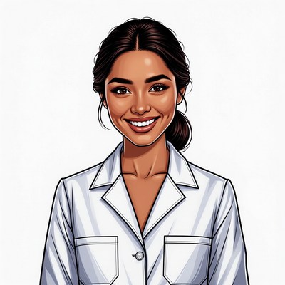 Smiling Asian woman in white coat