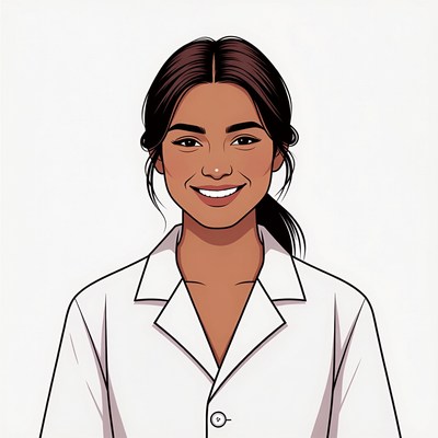 Smiling Asian woman in white lab coat