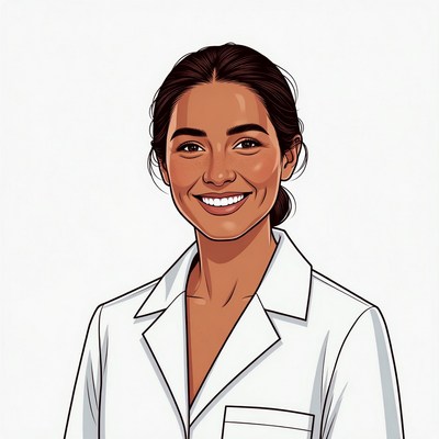 Smiling Asian woman in white lab coat