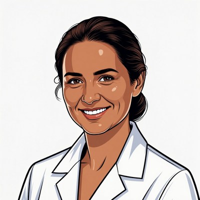 Smiling woman in white lab coat