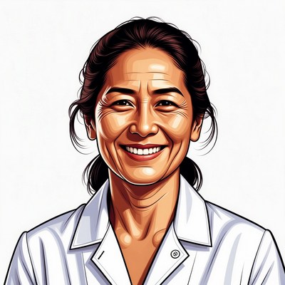 Smiling Asian woman in white coat