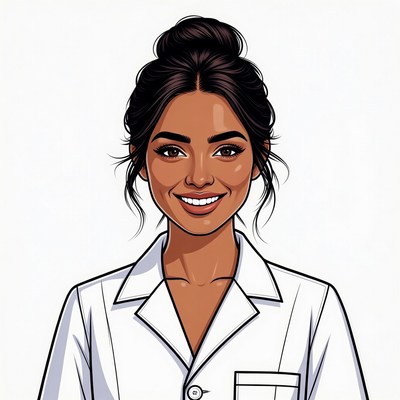 Smiling Asian woman in white coat