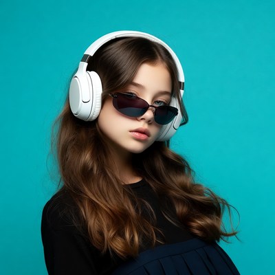Girl wearing headphones and sunglasses