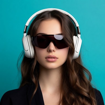 Woman wearing white headphones and sunglasses