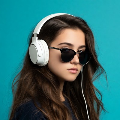 Girl wearing headphones and sunglasses