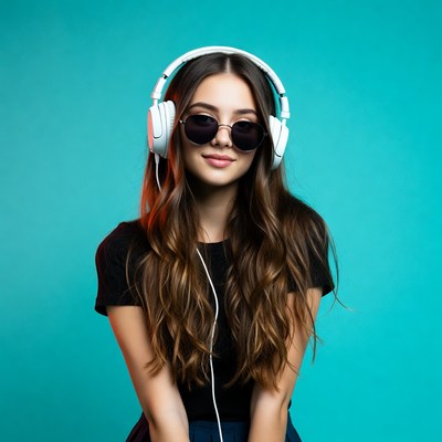 Woman wearing headphones and sunglasses