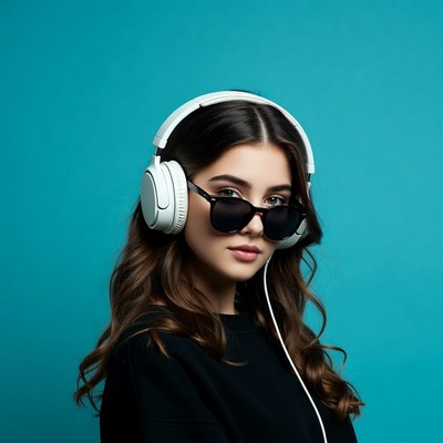 Woman wearing headphones and sunglasses