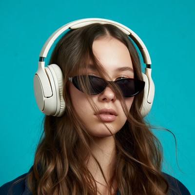 Girl wearing headphones and sunglasses