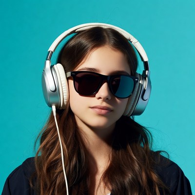 Girl wearing headphones and sunglasses