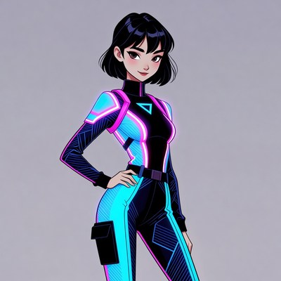 Asian woman in neon sci-fi suit