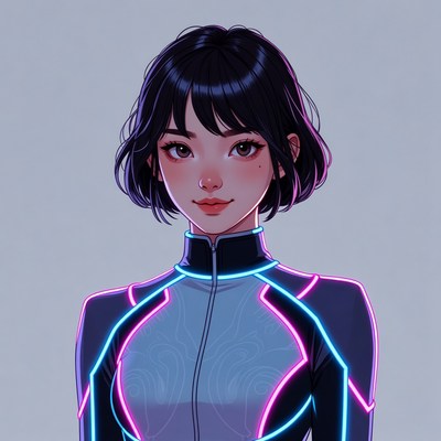 Asian woman in neon futuristic suit