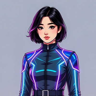 Asian woman in neon blue futuristic jacket