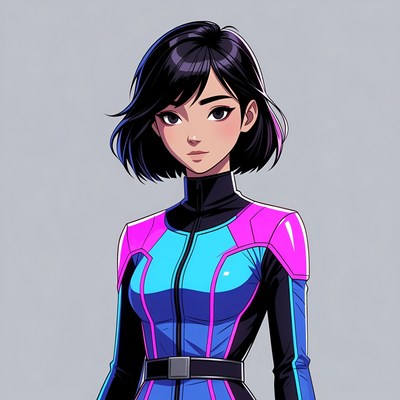 Asian woman in blue pink spacesuit
