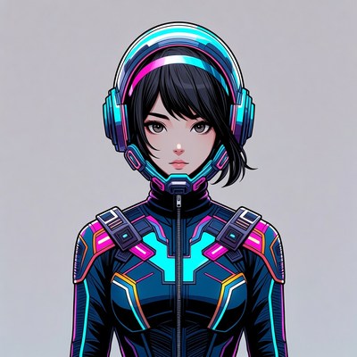 Anime girl in neon helmet and suit