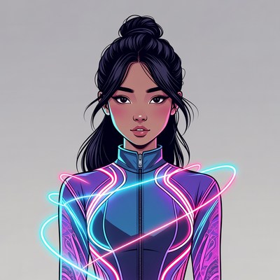 Asian woman in neon futuristic suit