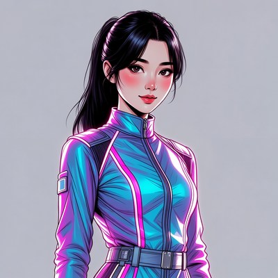 Asian woman in shiny blue racing suit