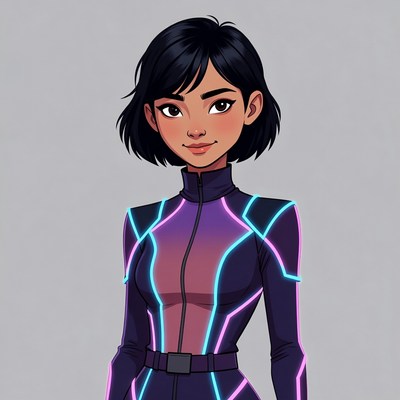 Asian woman in glowing purple spacesuit