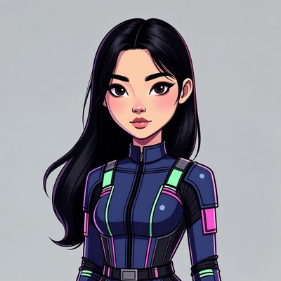 Asian woman in blue futuristic suit