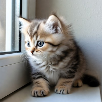 Fluffy kitten looking out window
