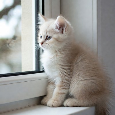 Fluffy white kitten on windowsill