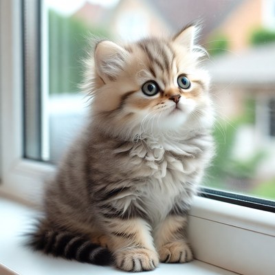 Fluffy British Shorthair kitten at window
