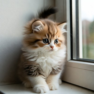 Fluffy kitten sitting by window