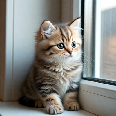Cute tabby kitten on windowsill