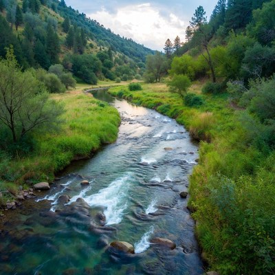 Serene River Flowing Through Forested Valley