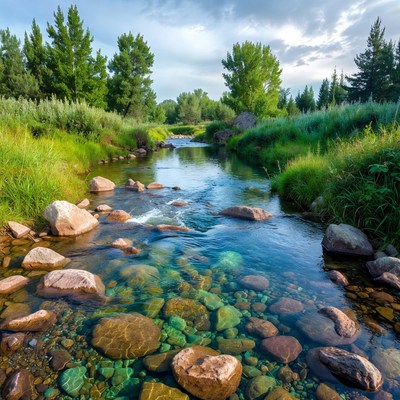 Crystal Clear River with Rocks and Greenery