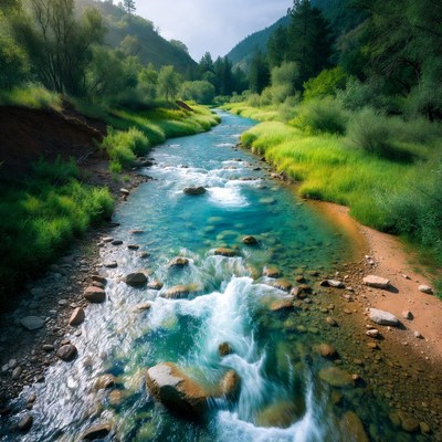 Mountain River Flowing Through Forest