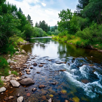 Serene Forest River with Flowing Water