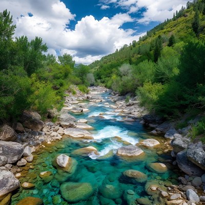 Crystal Clear River in Mountain Valley