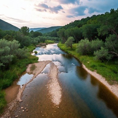 River Flowing Through Forested Valley