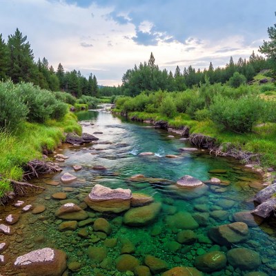 Clear Green River in Forest