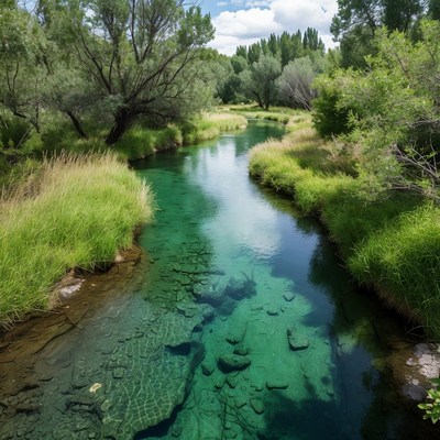 Clear turquoise river flowing through green trees