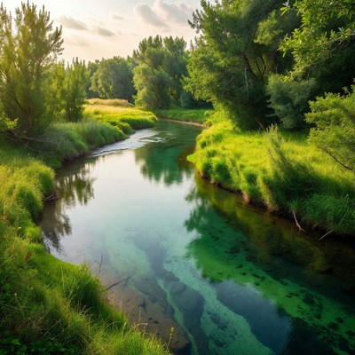 Serene Green River in Forest