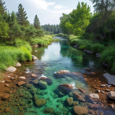 Crystal Clear Forest River with Rocks