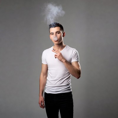 Young man blowing vape smoke